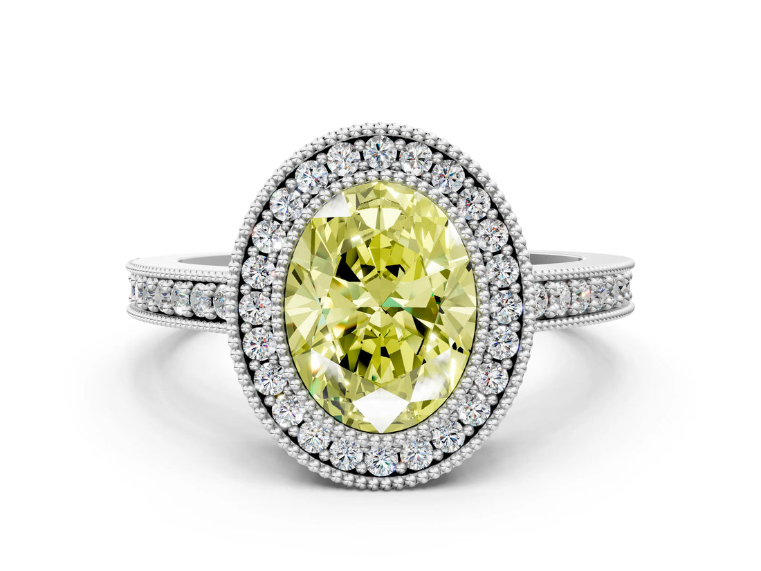 Silver Fancy Yellow Oval Cut-Cut Diamond Halo Engagement Ring with Pave Band and Prong Setting_6