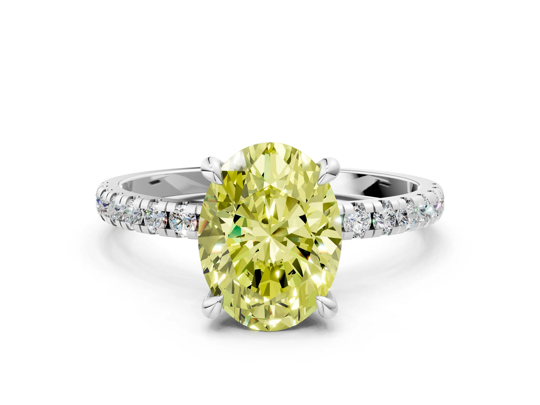 Silver Fancy Yellow Oval Cut Diamond Brilliant Solitaire Ring with Pavé Band and Four-Prong Setting_48