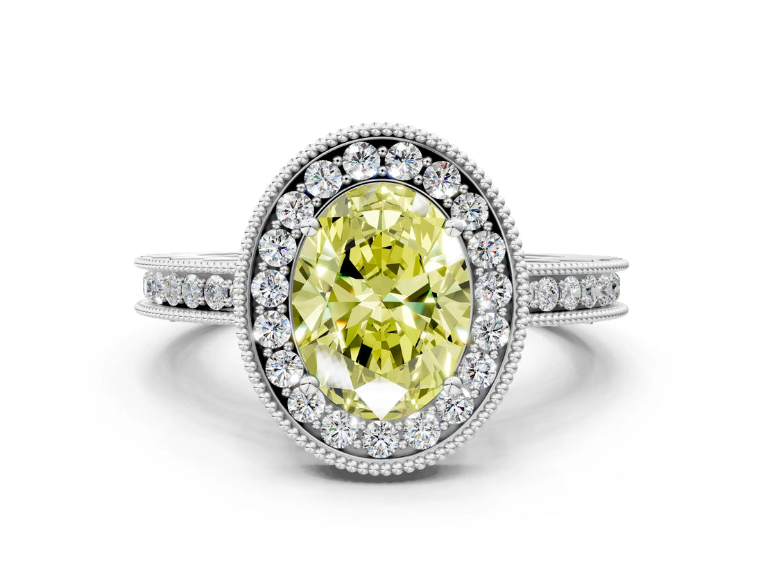 Silver Fancy Yellow Oval Cut Diamond Milgrain Halo Engagement Ring with Round Pavé Band and Prong Setting_12