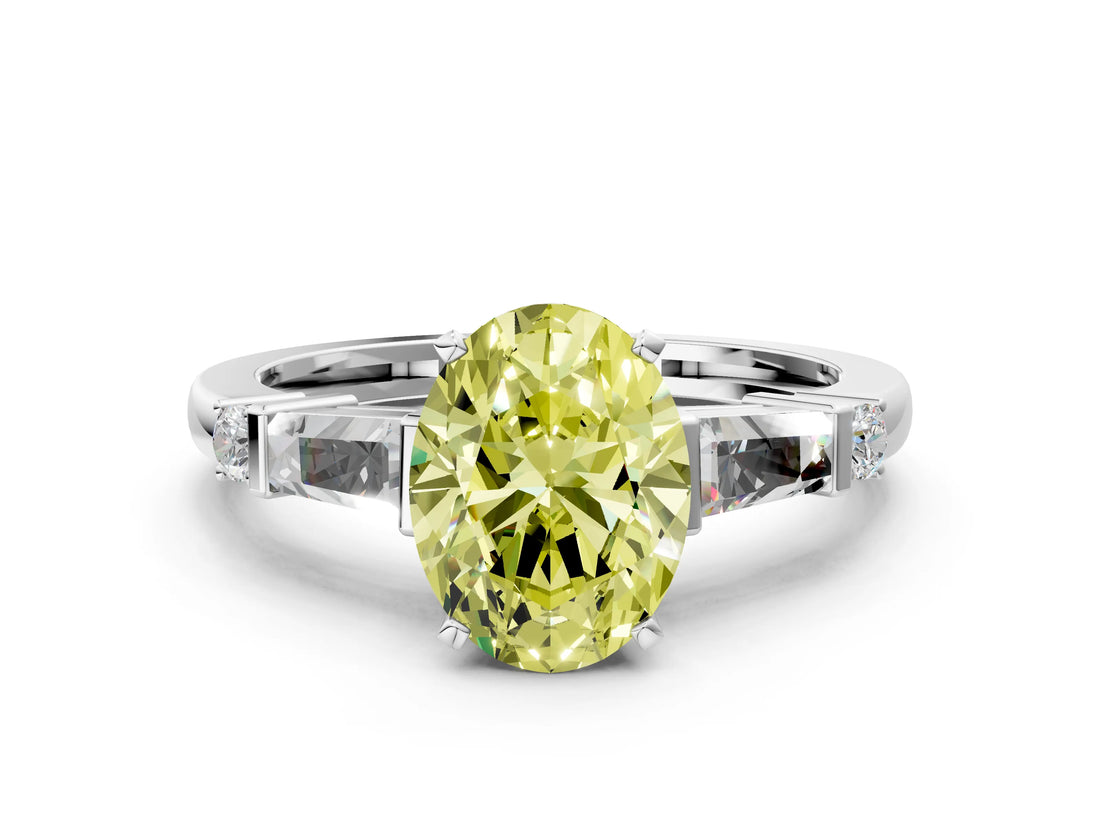 Silver Fancy Yellow Oval  Cut Diamond Ring with Baguette Side Stones, Channel Set Band, and Four-Prong Setting_12