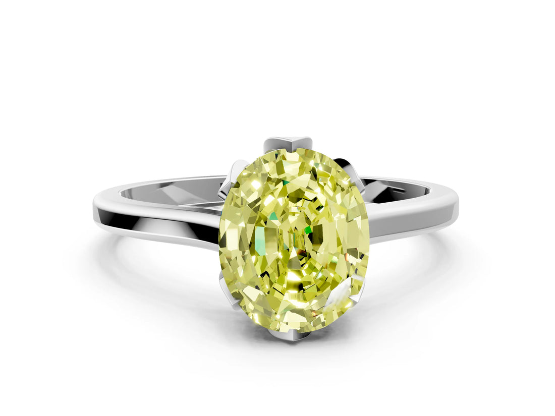 Silver Fancy Yellow Oval Cut Diamond Solitaire Ring with Flower Prong Setting and Classic Band_12