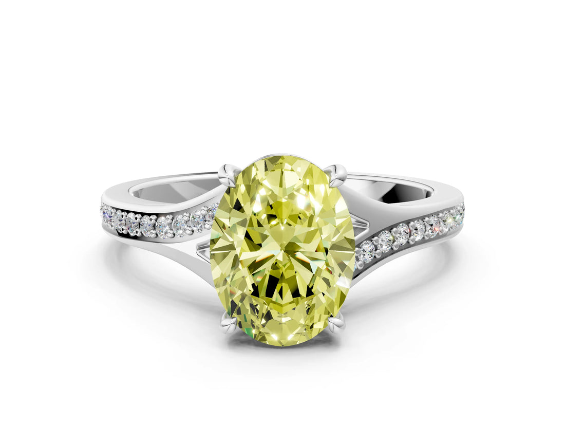 Silver Fancy Yellow Oval Cut Diamond Solitaire Ring with Pavé Band and Prong Setting_12