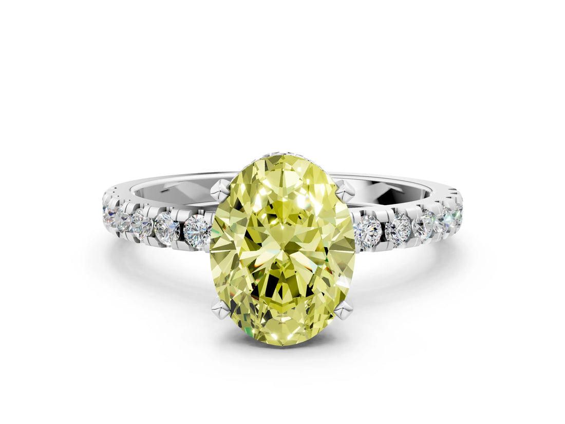 Silver Fancy Yellow Oval Cut Diamond Solitaire Ring with Round  Pavé Band and Four-Prong Setting_36