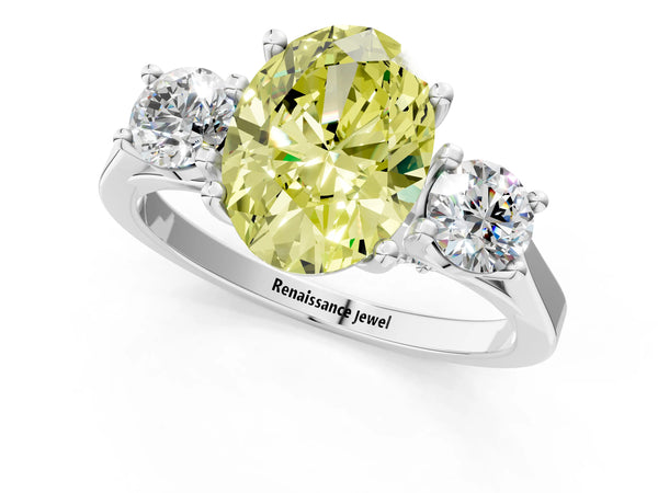 Silver Fancy Yellow Oval Cut Diamond Three-Stone Engagement Ring with Prong Setting and Pavé Band