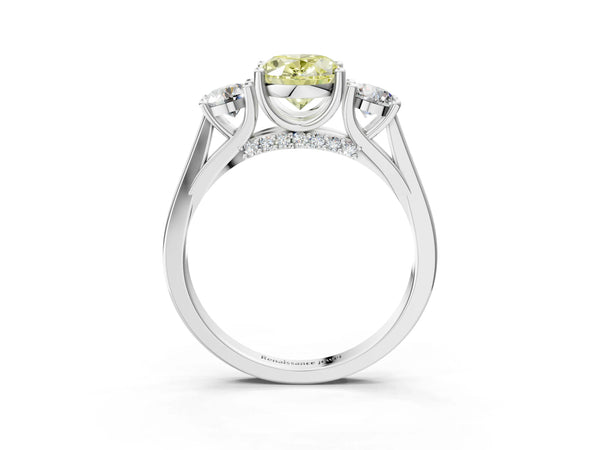 Silver Fancy Yellow Oval Cut Diamond Three-Stone Engagement Ring with Prong Setting and Pavé Band
