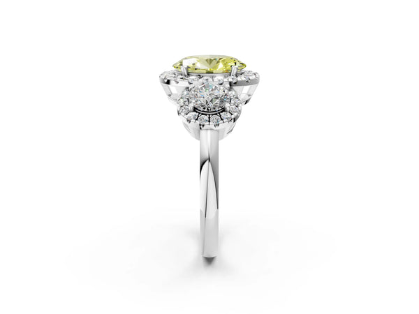 Sterling Silver Oval Three Stone Halo Engagement Ring Setting for Fancy Yellow Center