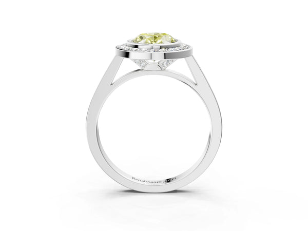 Silver Fancy Yellow Oval Cut Halo Bezel Diamond Pave Band Ring
