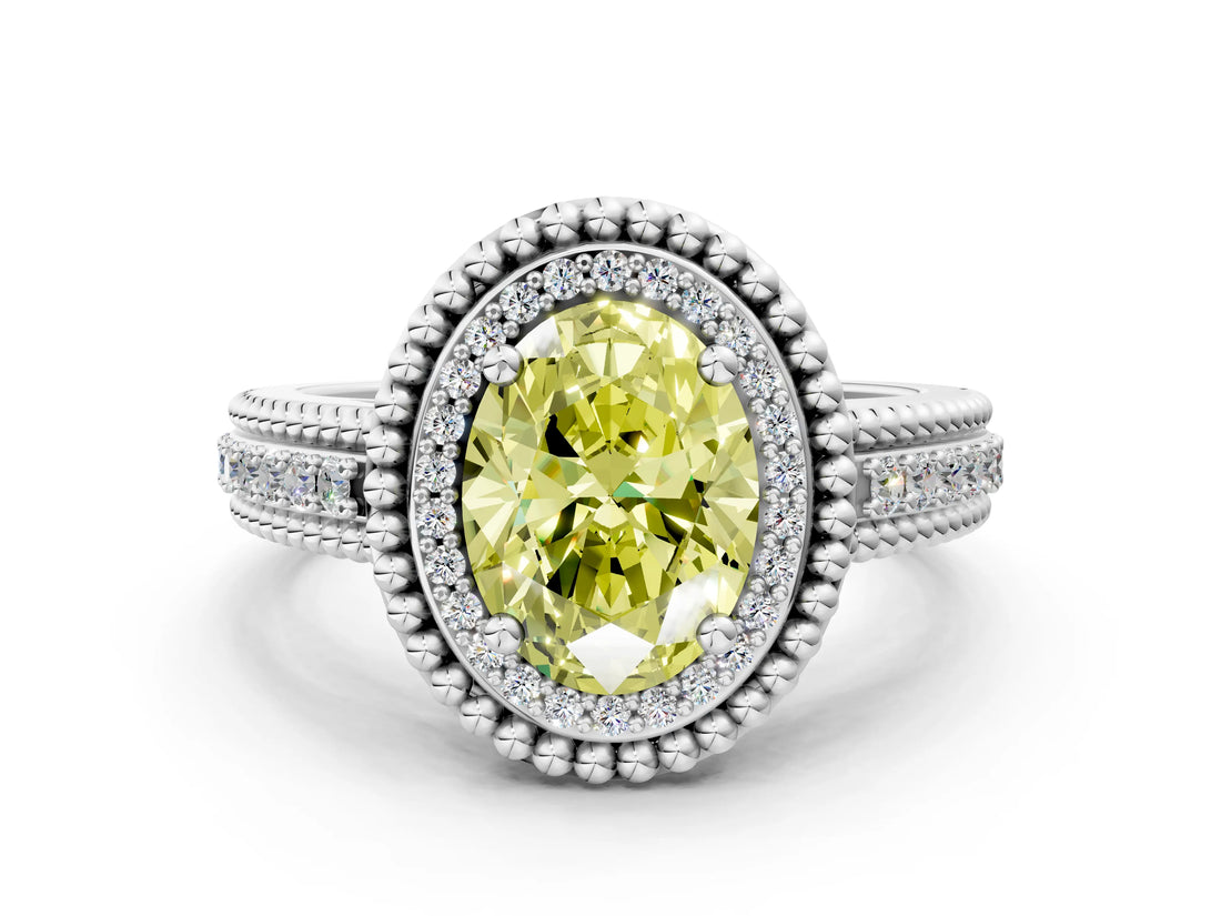 Silver Fancy Yellow Oval Cut Halo Diamond Ring with Beaded Split Shank and Four-Prong Setting_6