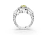Silver Fancy Yellow Oval Cut Halo Milgrain Diamond Engagement Ring with Leaf Band and Four-Prong Setting_9