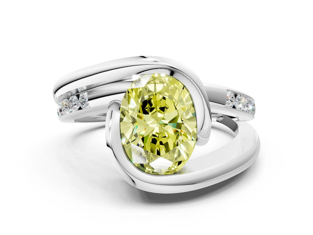 Silver Fancy Yellow Oval Cut Solitaire Tension-Set Diamond Split Shank Ring_6