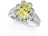 Silver Fancy Yellow Oval  Halo Diamond Floral Split Shank Engagement Ring 1