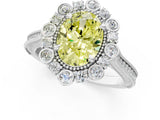 Silver Fancy Yellow Oval  Halo Milgrain Pave Diamond Ring with Four-Prong Setting 1
