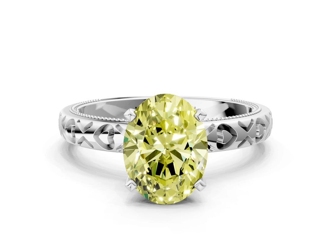 Silver Fancy Yellow Oval  Solitaire Diamond Engagement Ring with XO Engraved Band and Four-Prong Setting 1