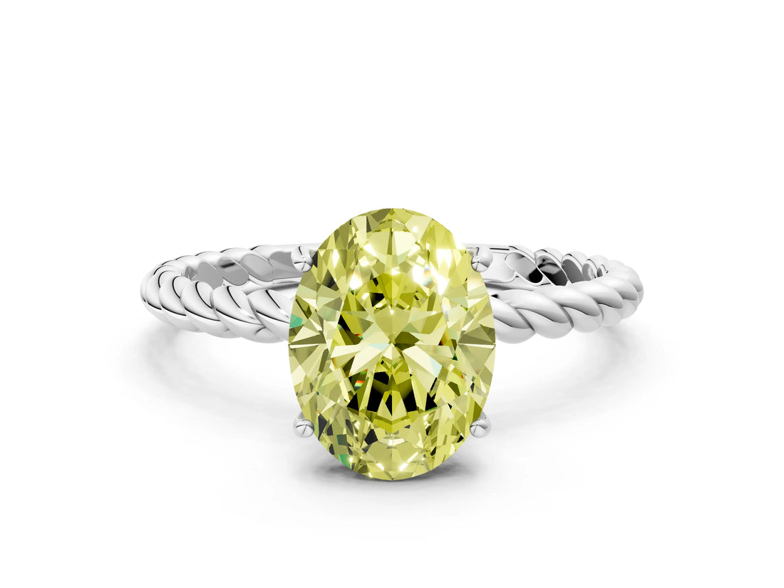 Silver Fancy Yellow Oval  Solitaire Twist Band Ring with Four-Prong Setting
