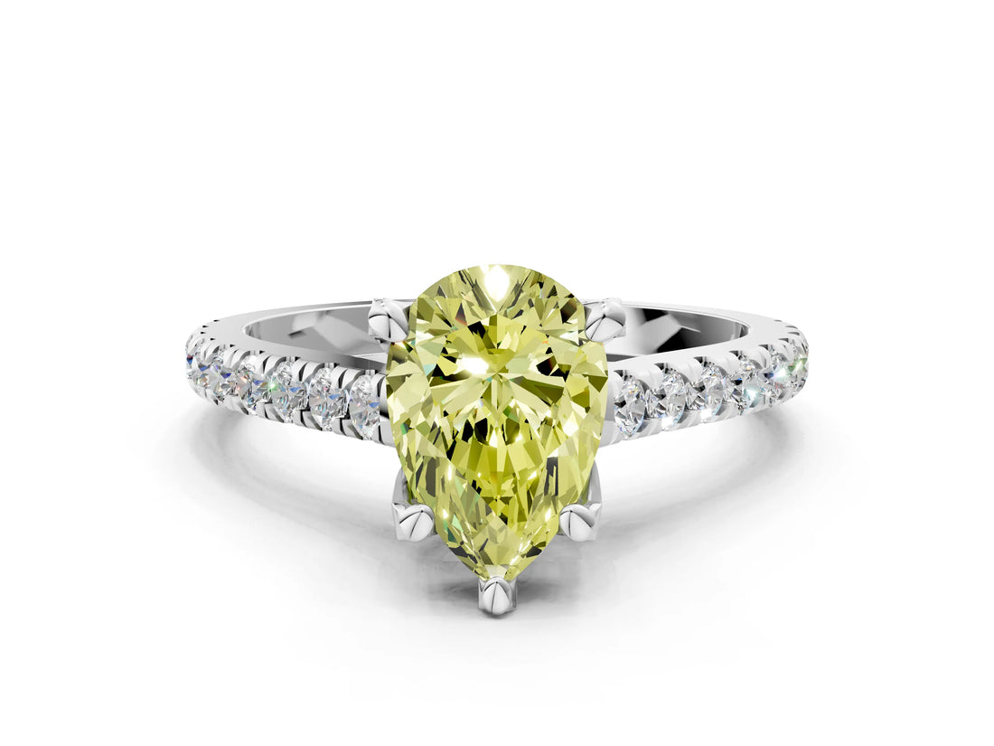 Silver Fancy Yellow Pear  Brilliant Diamond Solitaire with Pavé Band and Four-Prong Setting