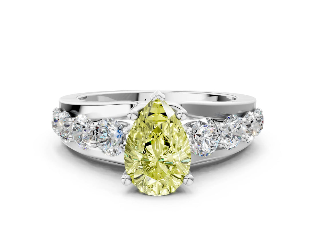 Silver Fancy Yellow Pear  Brilliant Solitaire with Side Stones on a Pave Band and Four-Prong Setting_12