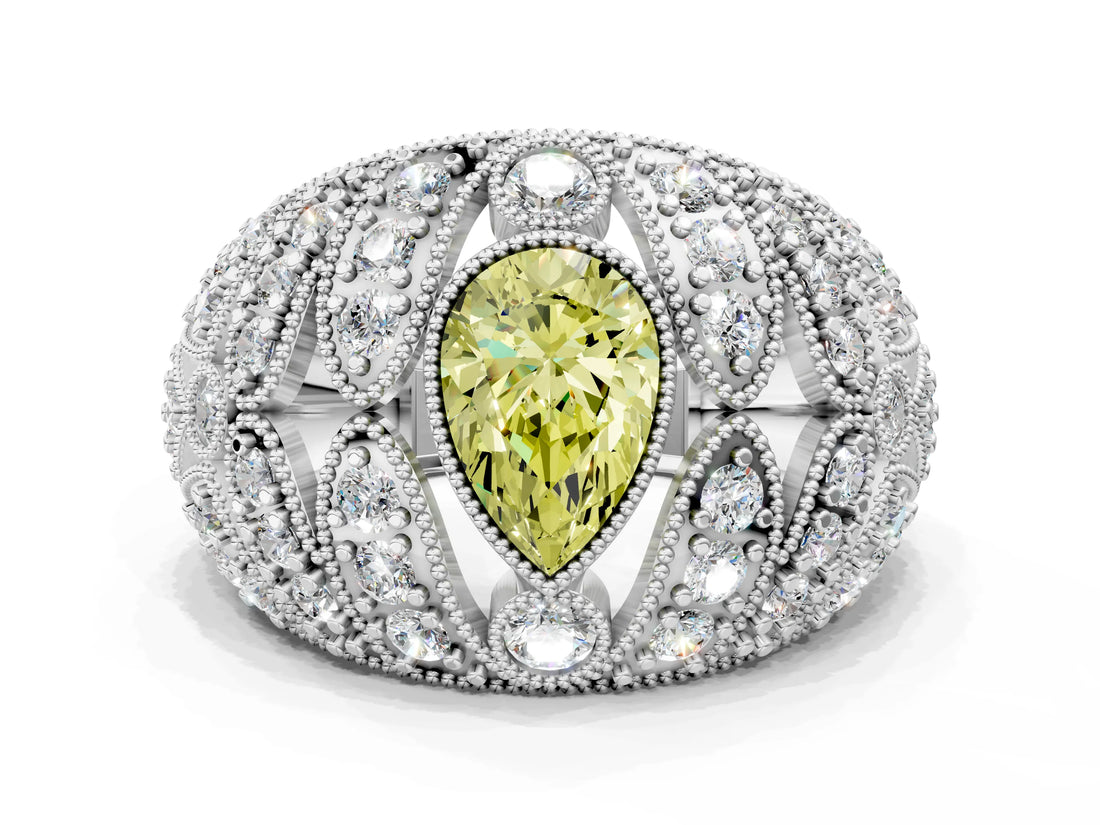 Silver Fancy Yellow Pear Cut Brilliant Halo Pave Diamond Milgrain Ring_6