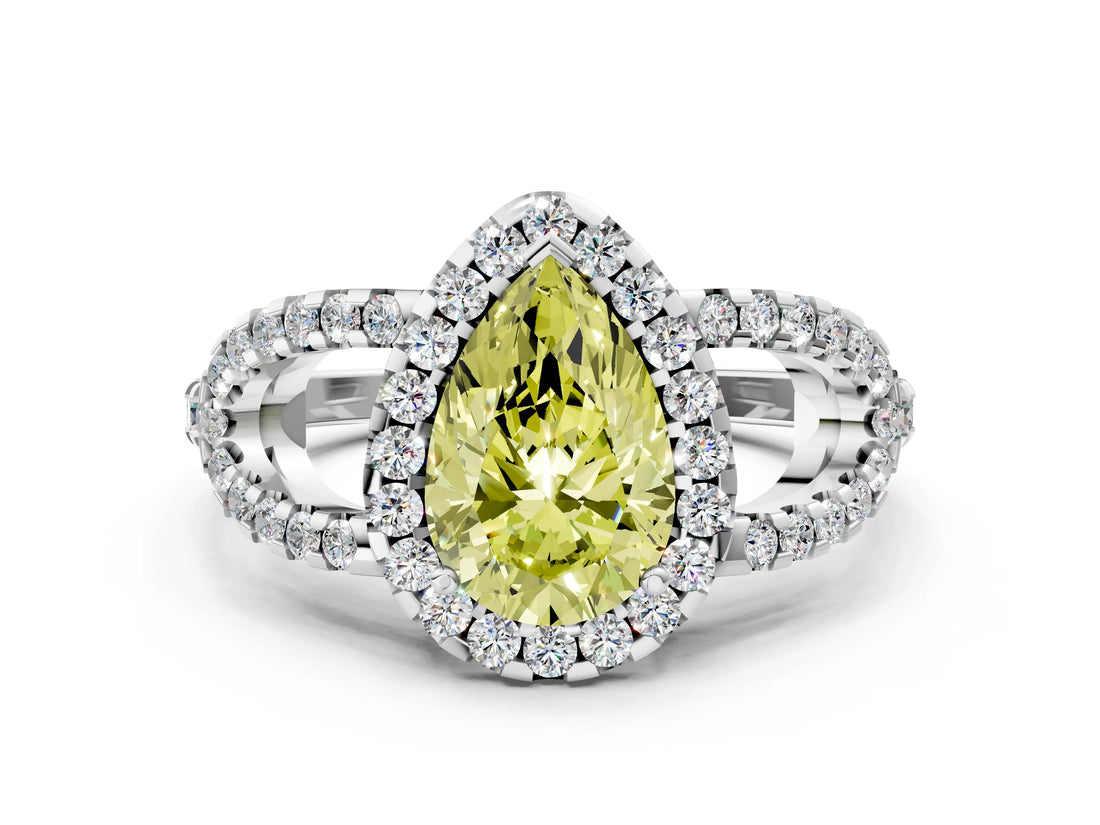 Silver Fancy Yellow Pear Cut Cut Diamond Halo Engagement Ring with Open Split Pavé Band_6