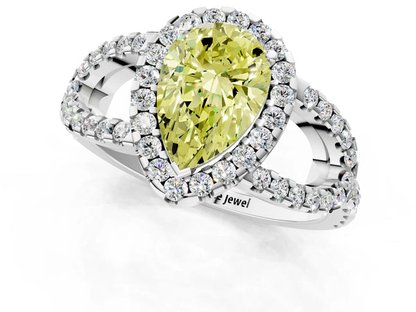 Sterling Silver Pear-Shaped Split Shank Pave Halo Engagement Ring Setting for Fancy Yellow Center
