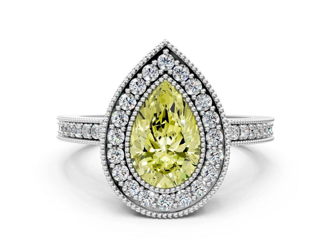 Silver Fancy Yellow Pear Cut-Cut Diamond Halo Engagement Ring with Pave Band and Prong Setting_12