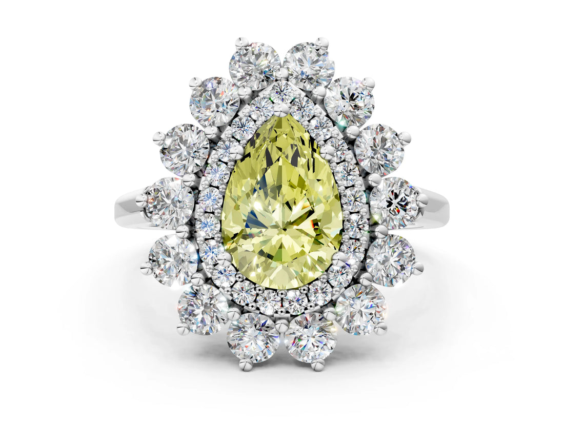 Silver Fancy Yellow Pear Cut Diamond Floral Double Halo Engagement Ring with Prong Setting_36