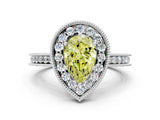 Silver Fancy Yellow Pear Cut Diamond Milgrain Halo Engagement Ring with Round Pavé Band and Prong Setting_12