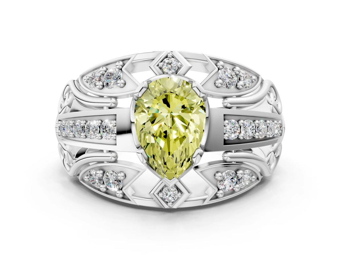 Silver Fancy Yellow Pear Cut Diamond Pave Art Deco Split Shank Ring with Four-Prong Setting_6