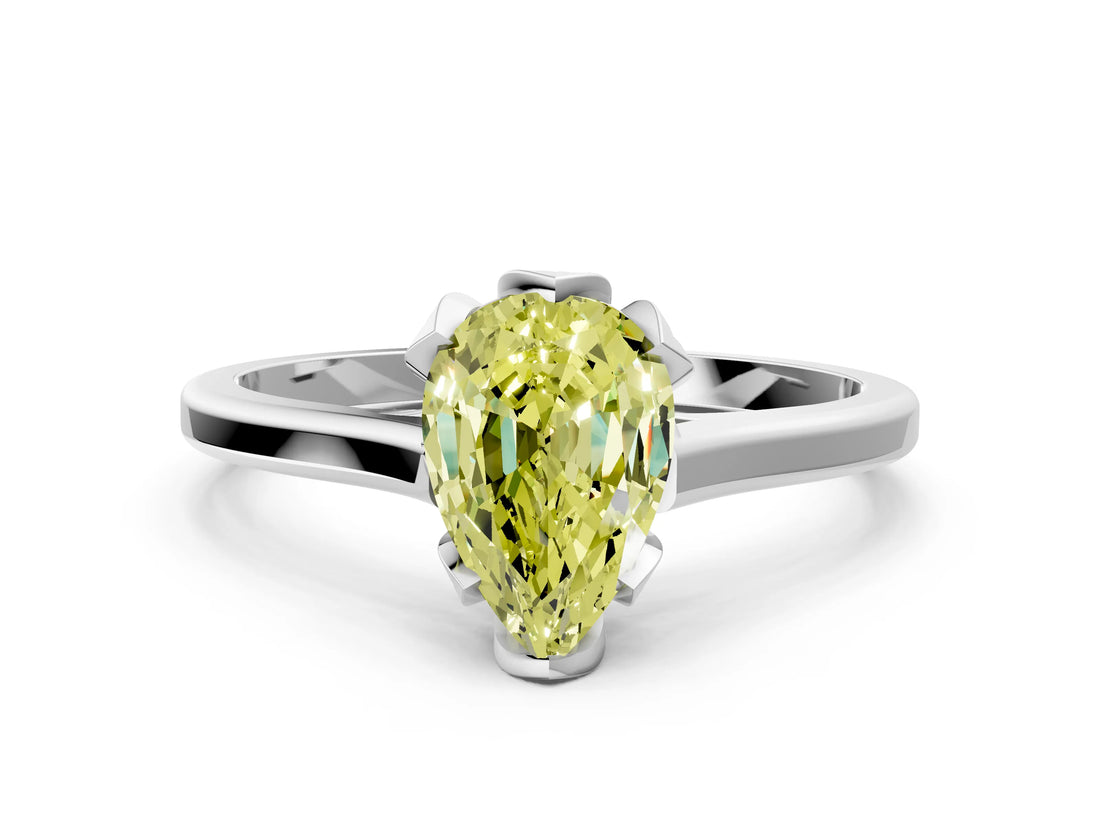 Silver Fancy Yellow Pear Cut Diamond Solitaire Ring with Flower Prong Setting and Classic Band_12