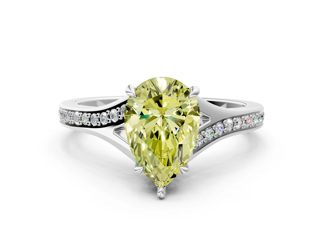 Silver Fancy Yellow Pear Cut Diamond Solitaire Ring with Pavé Band and Prong Setting_12