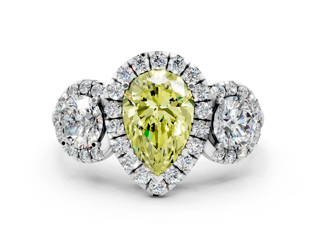 Silver Fancy Yellow Pear Cut Diamond Three-Stone Halo Ring with Prong Setting and Pavé Accents_12