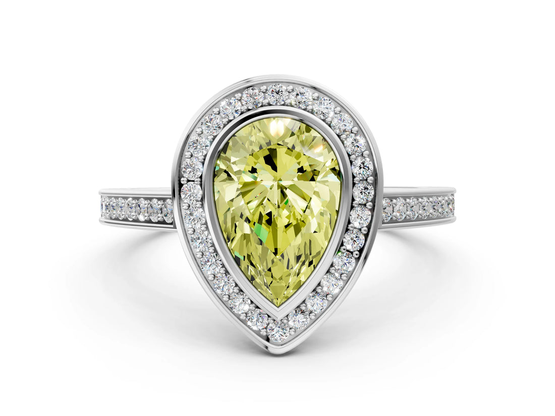 Silver Fancy Yellow Pear Cut Halo Bezel Diamond Pave Band Ring_6