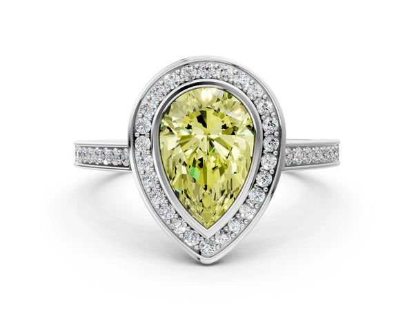 Silver Fancy Yellow Pear Cut Halo Bezel Diamond Pave Band Ring