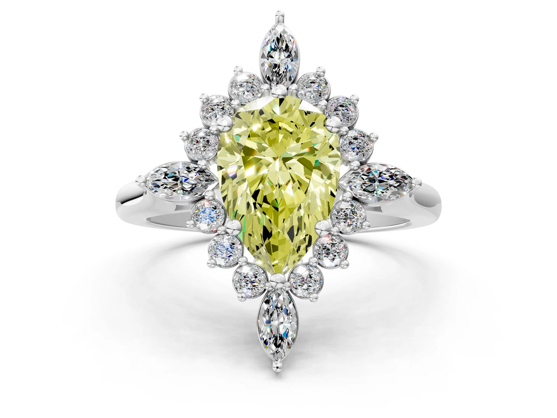 Silver Fancy Yellow Pear Cut Halo Diamond Cluster Ring with Marquise and Round Stones on a White Gold Band with Prong Setting_12