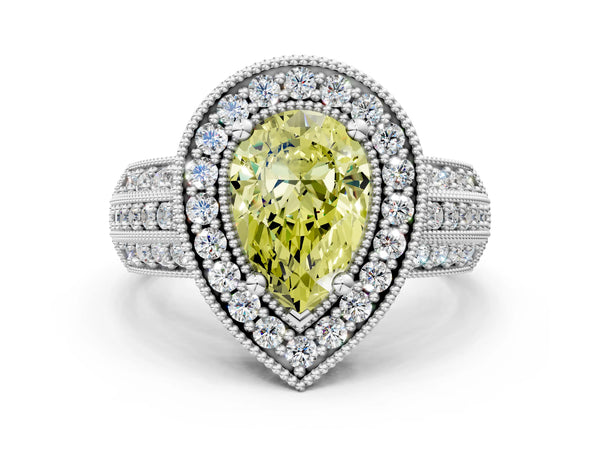 Silver Fancy Yellow Pear Cut Halo Diamond Engagement Ring with Pave Split Shank and Four-Prong Setting
