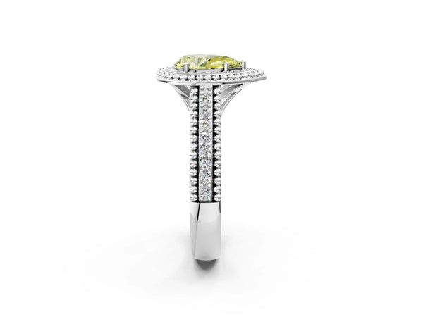 Sterling Silver Pear-Shaped Beaded Halo Engagement Ring Setting for Fancy Yellow Center with Pave