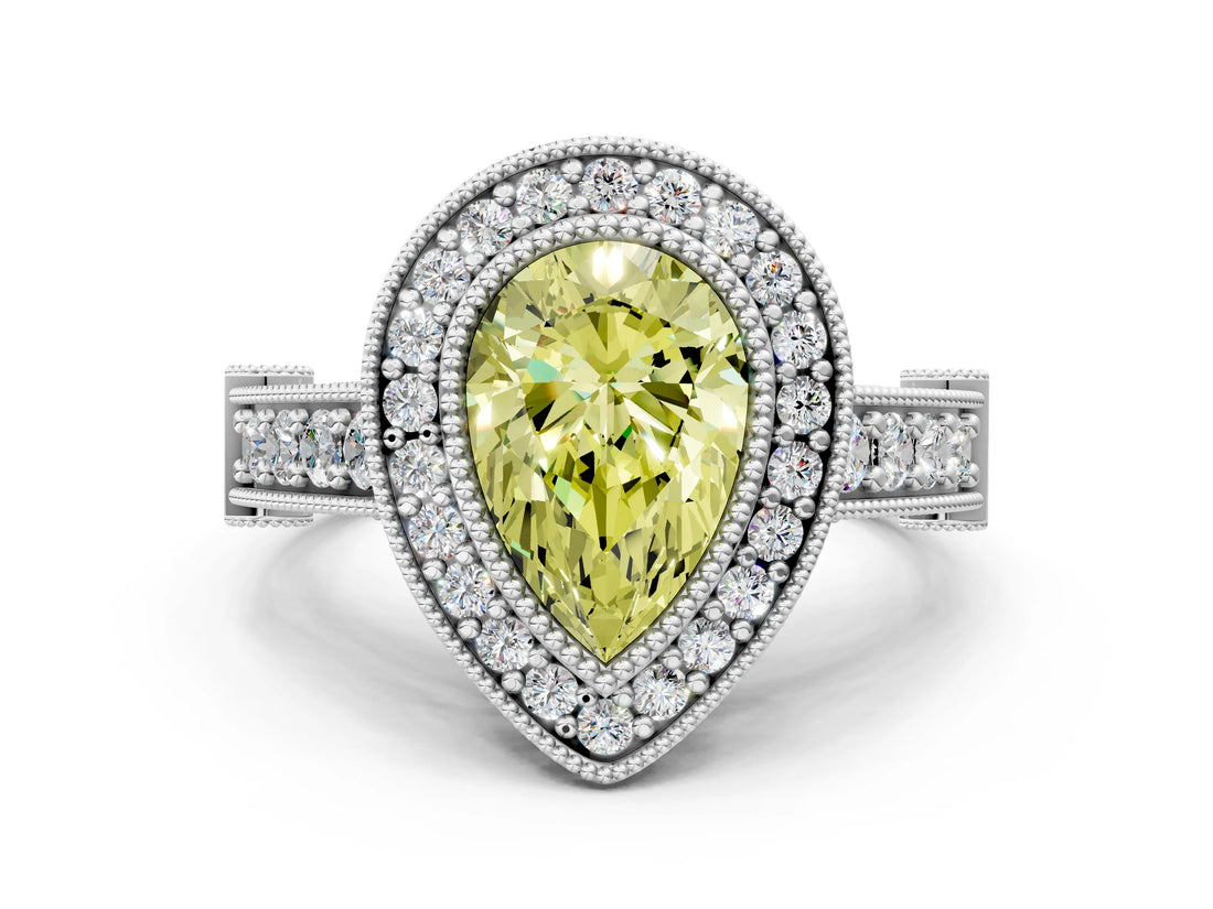 Silver Fancy Yellow Pear Cut Halo Diamond Split Shank Pave Ring_6