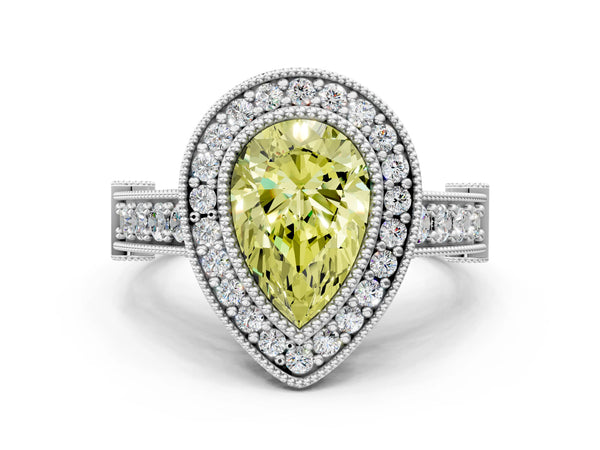 Sterling Silver Pear-Shaped Vintage Bezel Halo Engagement Ring Setting for Fancy Yellow Center