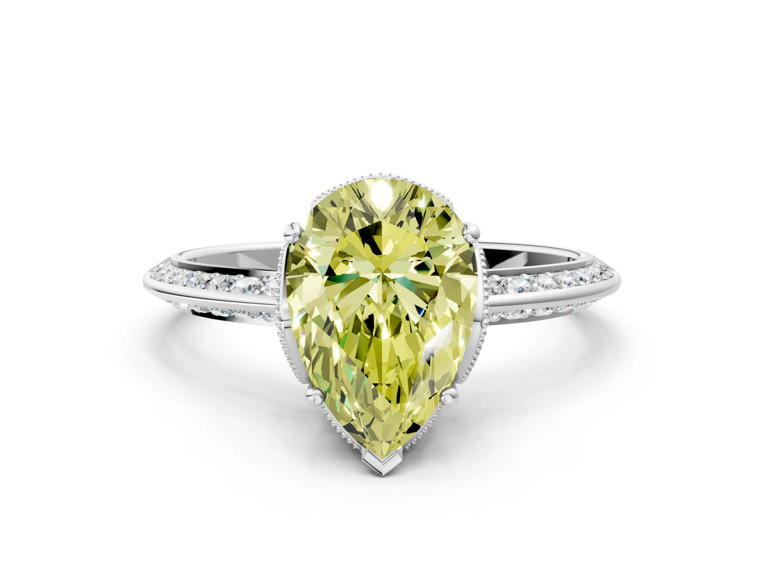 Silver Fancy Yellow Pear Cut Solitaire Split Shank Pave Diamond Engagement Ring with Four-Prong Setting_6