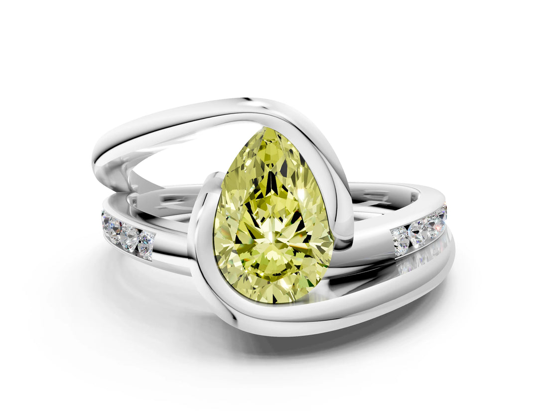 Silver Fancy Yellow Pear Cut Solitaire Tension-Set Diamond Split Shank Ring_6