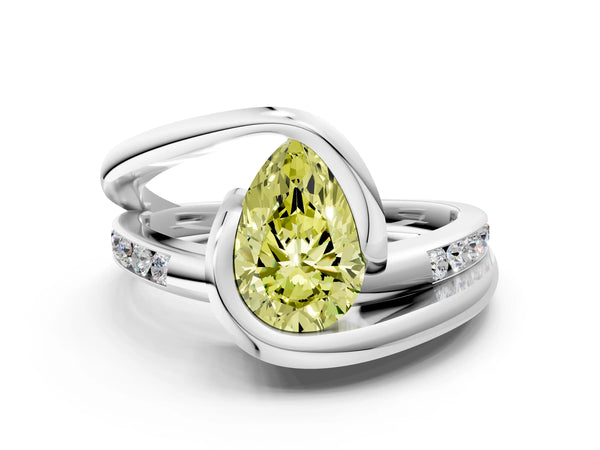 Silver Fancy Yellow Pear Cut Solitaire Tension-Set Diamond Split Shank Ring