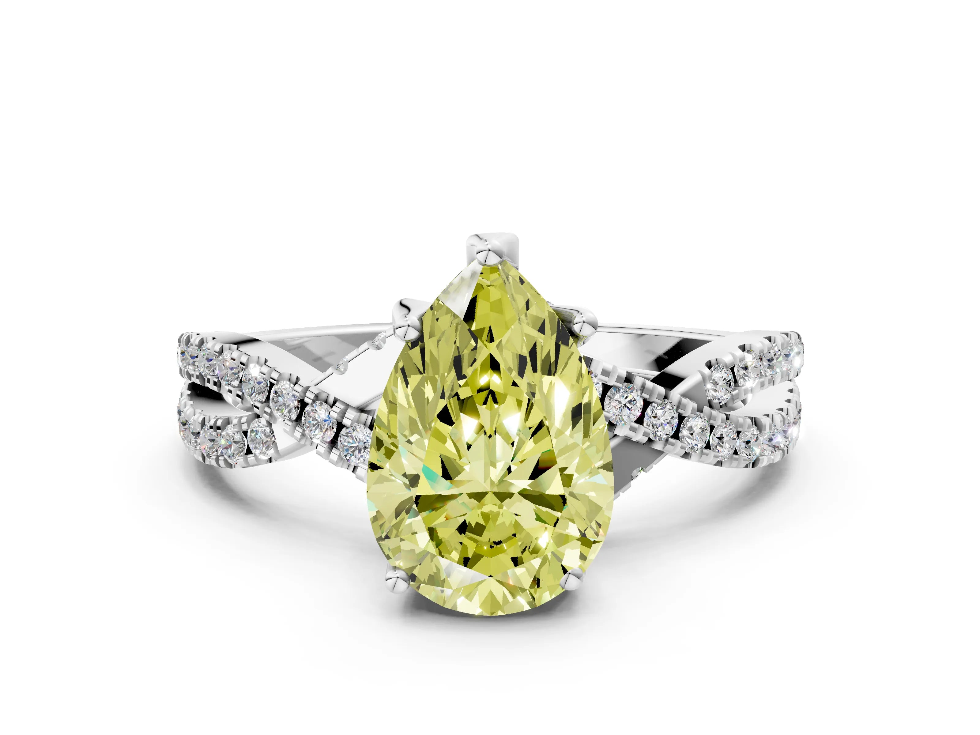 Silver Fancy Yellow Pear Cut Solitaire Twist Pave Diamond Engagement Ring with Prong Setting_66