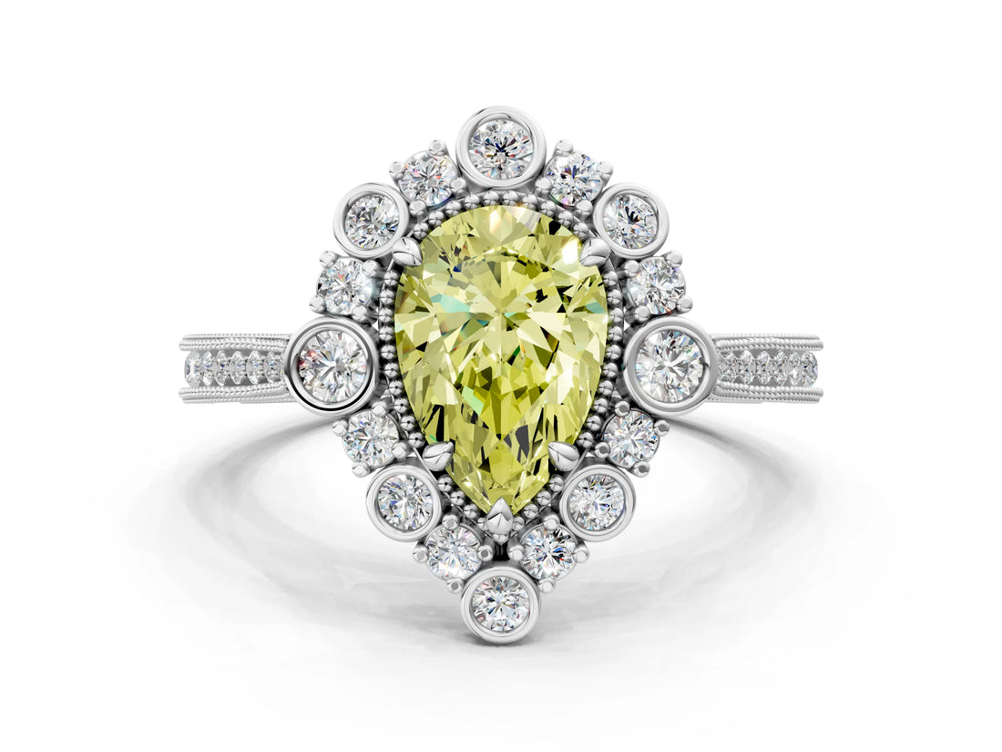 Silver Fancy Yellow Pear  Halo Milgrain Pave Diamond Ring with Four-Prong Setting 1