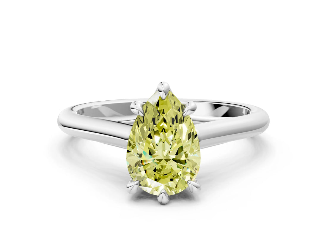 Silver Fancy Yellow Pear  Solitaire Engagement Ring with Six-Prong Setting and Classic Band