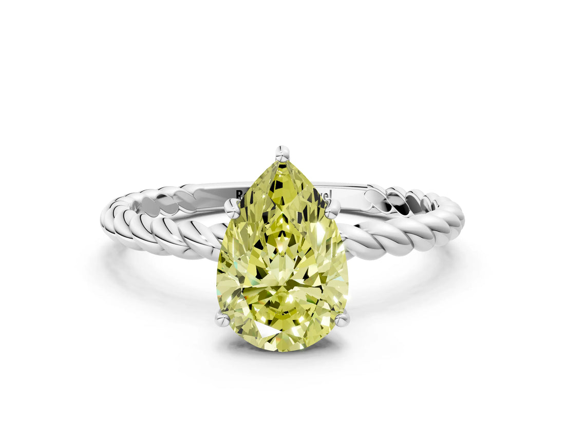 Silver Fancy Yellow Pear  Solitaire Twist Band Ring with Four-Prong Setting