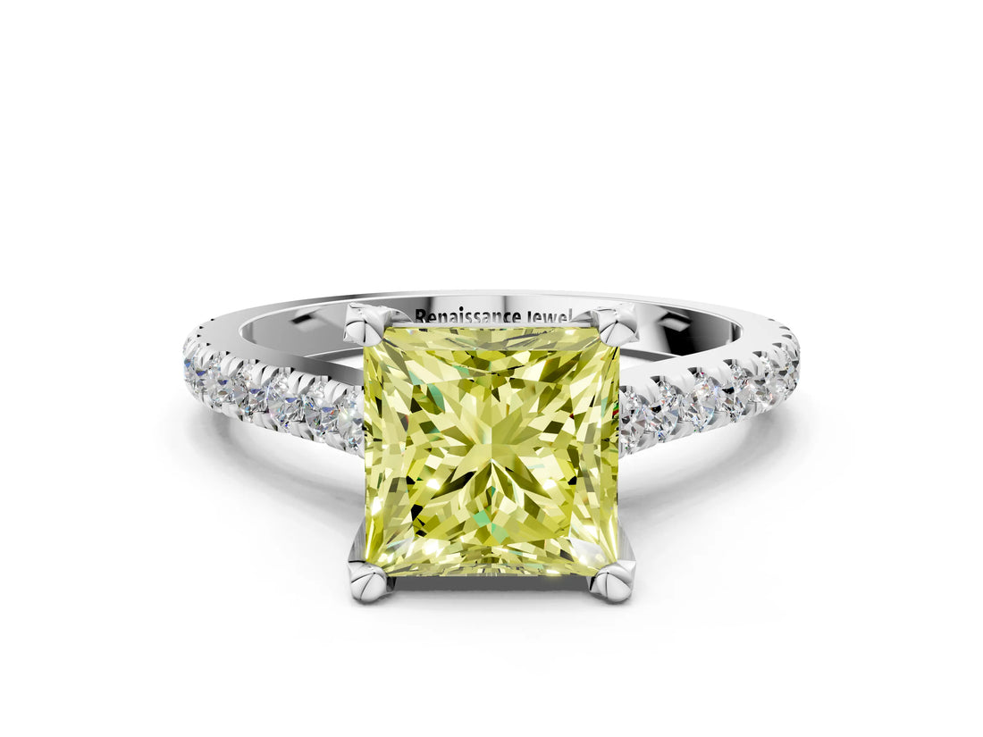 Silver Fancy Yellow Princess  Brilliant Diamond Solitaire with Pavé Band and Four-Prong Setting 1