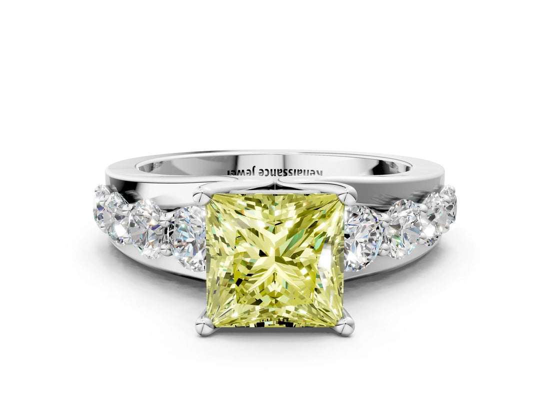 Silver Fancy Yellow Princess  Brilliant Solitaire with Side Stones on a Pave Band and Four-Prong Setting_12