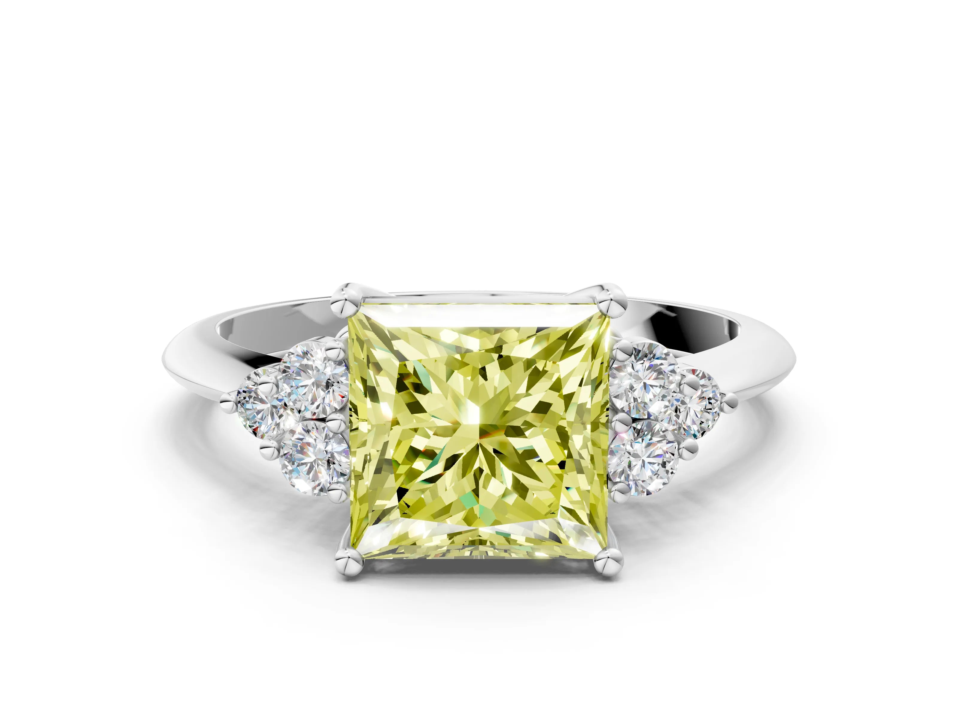 Silver Fancy Yellow Princess Cut Cut Diamond Cluster Ring with Solitaire Band and Four-Prong Setting_25