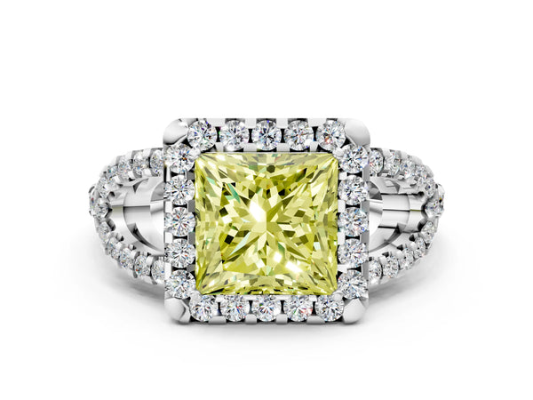 Sterling Silver Princess Cut Split Shank Pave Halo Engagement Ring Setting for Fancy Yellow Center