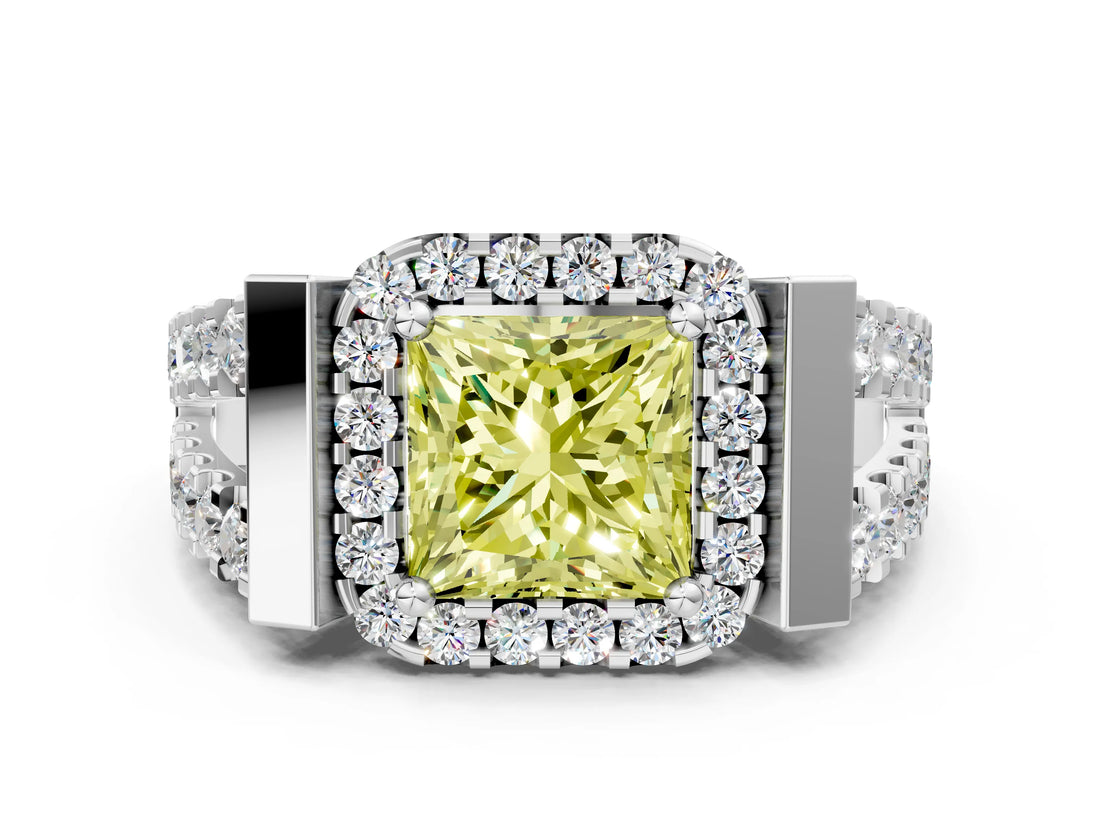 Silver Fancy Yellow Princess Cut Cut Halo Split Shank Prong Set Ring_6