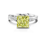 Silver Fancy Yellow Princess Cut Diamond Engagement Ring with Side Stone Accents and Four-Prong Setting